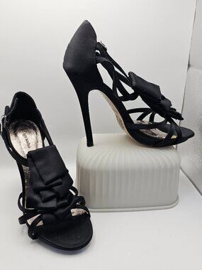 Zigi Soho “Gloria” Black Satin Ruffled T‑Strap Stiletto Sandals – Size 7.5